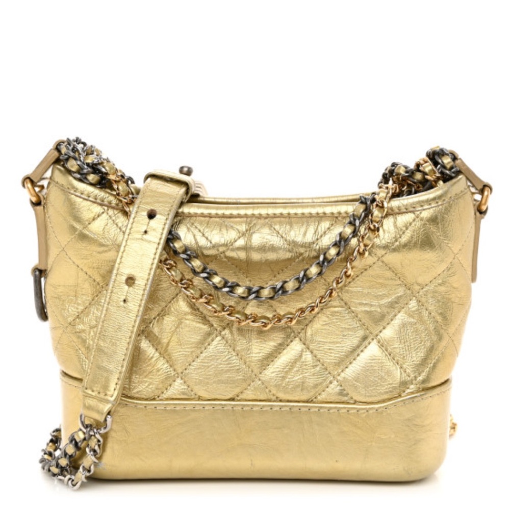 Chanel Metallic Aged Calfskin Quilted 
Gabrielle Hobo Gold
with two color chain
